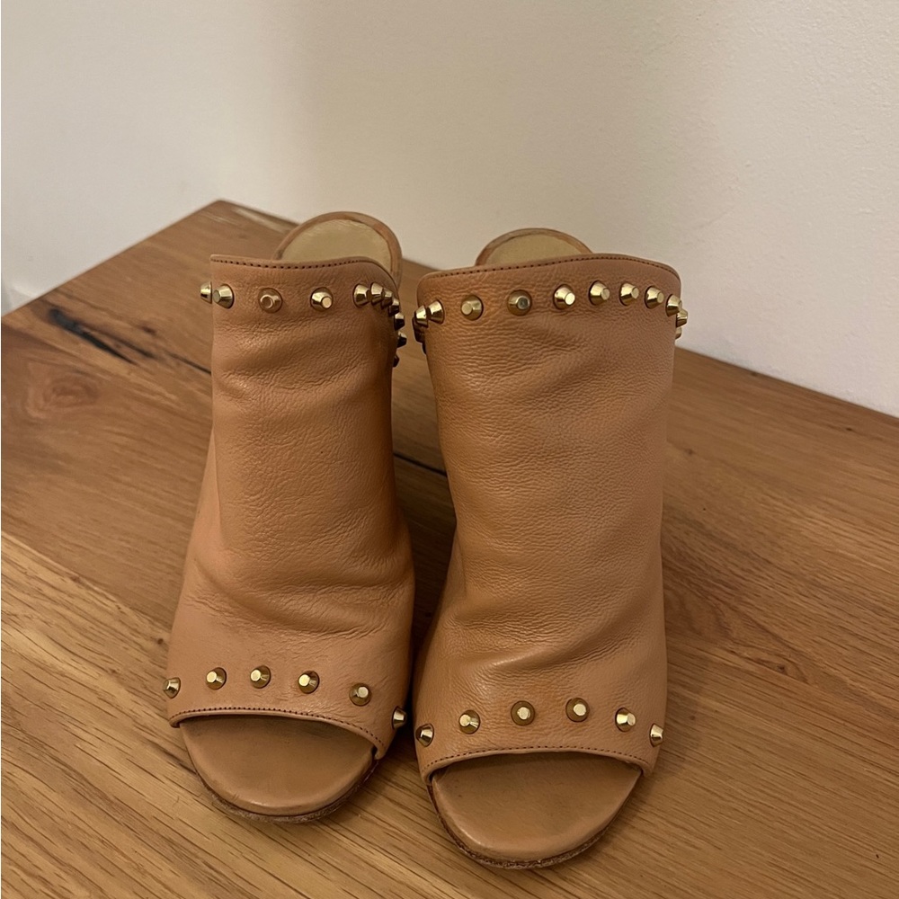 Stuart Weitzman Leather Stud Peep Toe Wedge